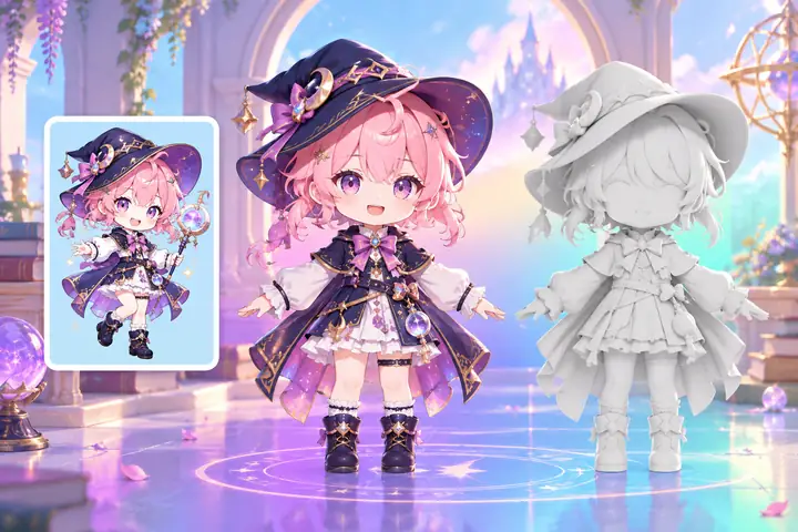 Character concept beside textured and untextured versions of its 3D model