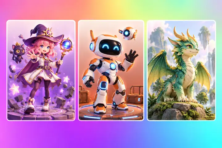 Gallery of colorful generated 3D characters displayed in individual preview panels